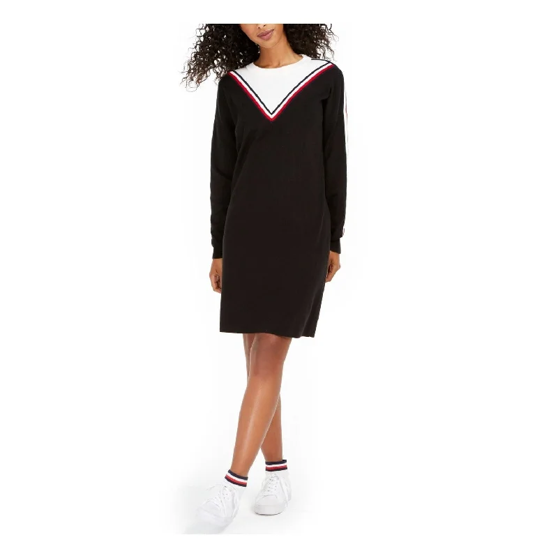 Flowing Tulle Long Sleeves DressTommy Hilfiger Women's Color Block Long Sleeve Jewel Neck Above The Knee Sheath Dress Black Size Small