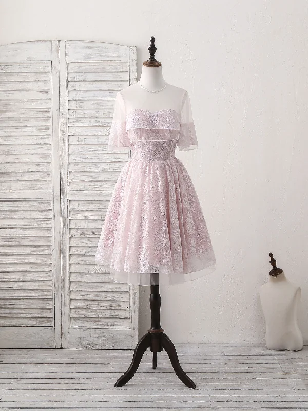 luxury prom dressesPink Round Neck Lace Tulle Short Prom Dress, Pink Homecoming Dress