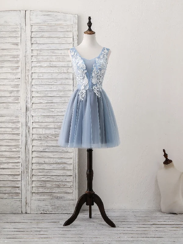 long prom dressesCute Blue V Neck Tulle Lace Applique Short Prom Dress, Blue Homecoming Dress