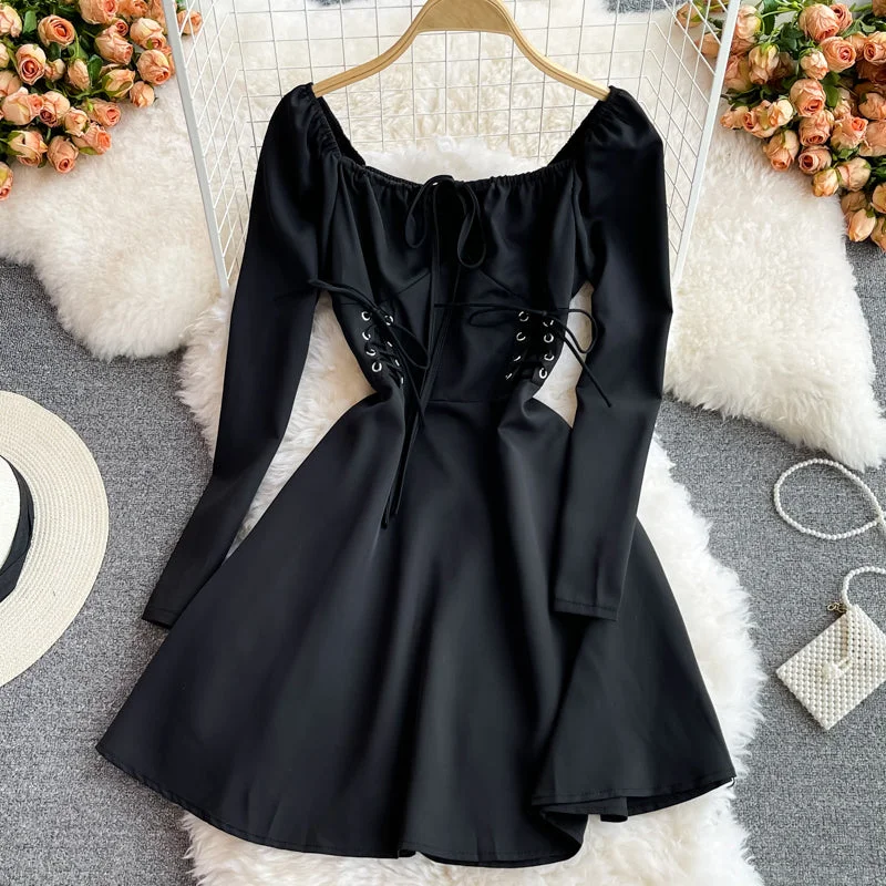 Fitted Long Sleeves Peplum Midi DressSuper fairy long sleeve square neck waist slim dress  2843