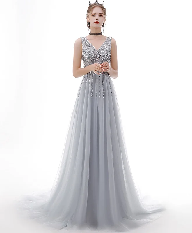 prom dress color trendsGray V Neck Tulle Sequin Long Prom Dress Gray Tulle Formal Dress