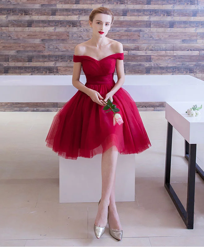 prom dress fitting adviceSimple Burgundy Tulle Short Prom Dress, Burgundy Homecoming Dress