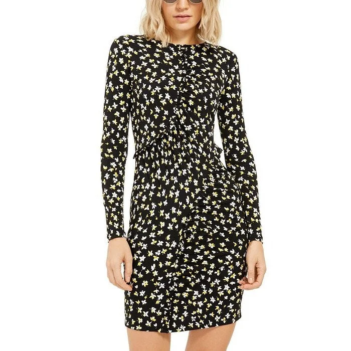 Flexible Long Sleeves Chiffon DressMichael Kors Women's Ruffled Floral Long Sleeve Crew Neck Above The Knee Sheath Dress Yellow Size S