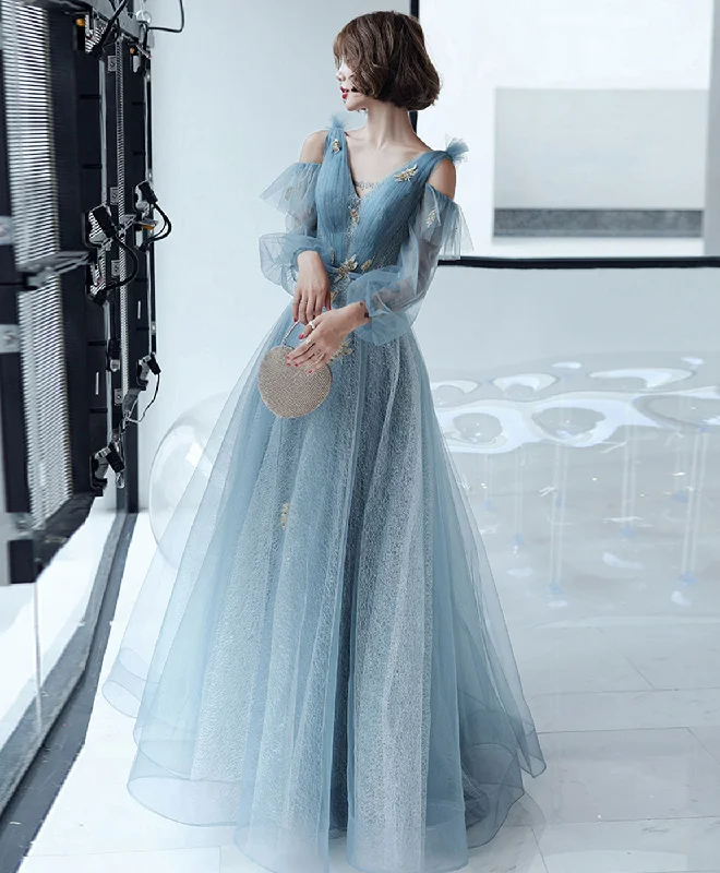 prom dresses with beaded accentsBlue V Neck Tulle Lace Long Prom Dress Blue Lace Formal Dress