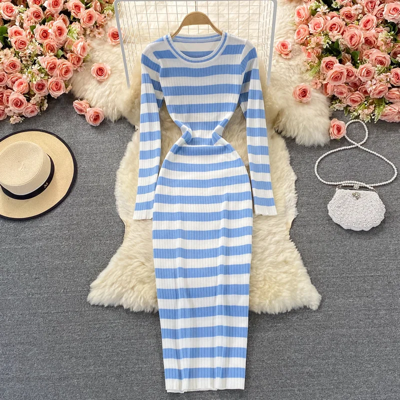 Fabulous Long Sleeves Babydoll DressElastic tight round neck Long Sleeve Striped knitted dress  2853