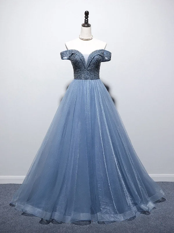 A-line prom dressesBlue Sweetheart Neck Tulle Beads Off Shoulder Long Prom Dress