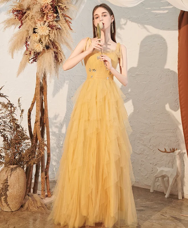 illusion sleeve prom dressesYellow Sweetheart Tulle Long Prom Dress, A line Yellow Formal Graduation Dress