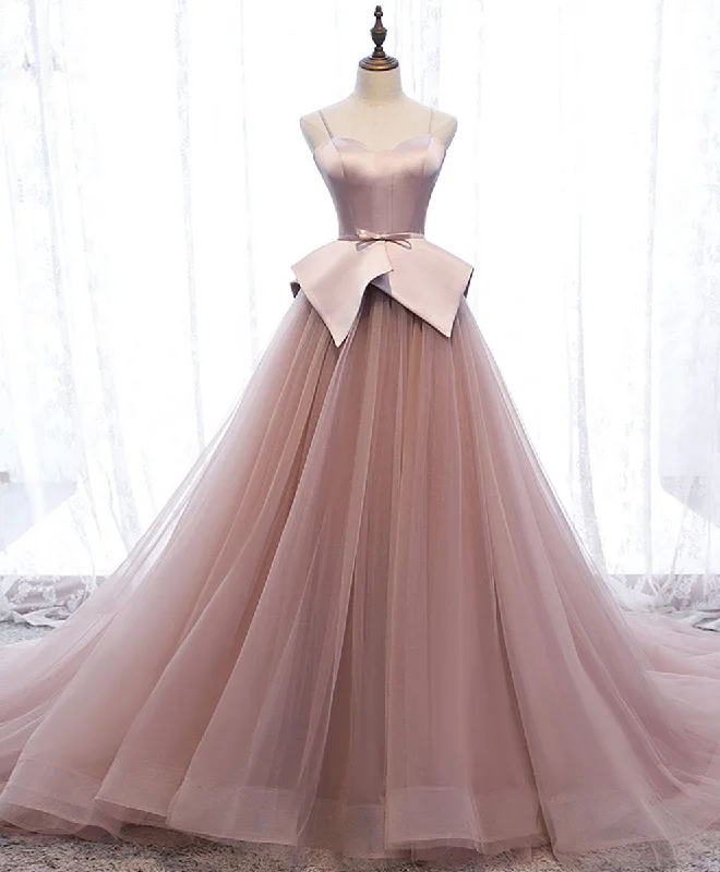 illusion neckline prom dressesPink Sweetheart Tulle Long Prom Gown Pink Tulle Formal Dress