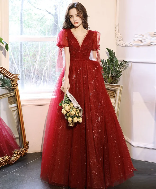 budget-friendly prom dressesBurgundy V Neck Tulle Lace Long Prom Dress Burgundy Formal Dress