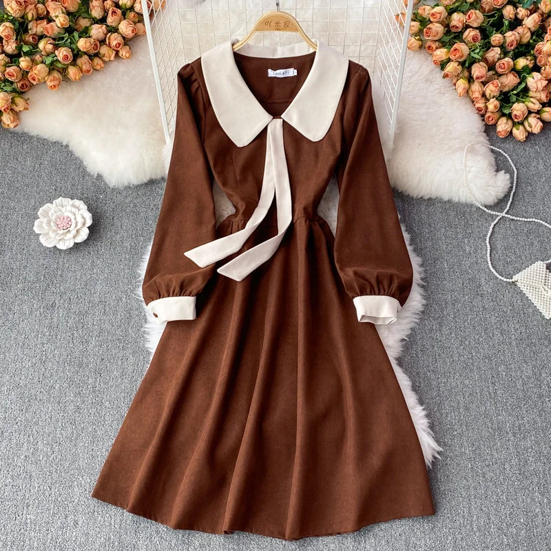 Fitted Long Sleeves Peplum Midi DressSweet Corduroy Long Sleeve Dress Fashion Dress  10853