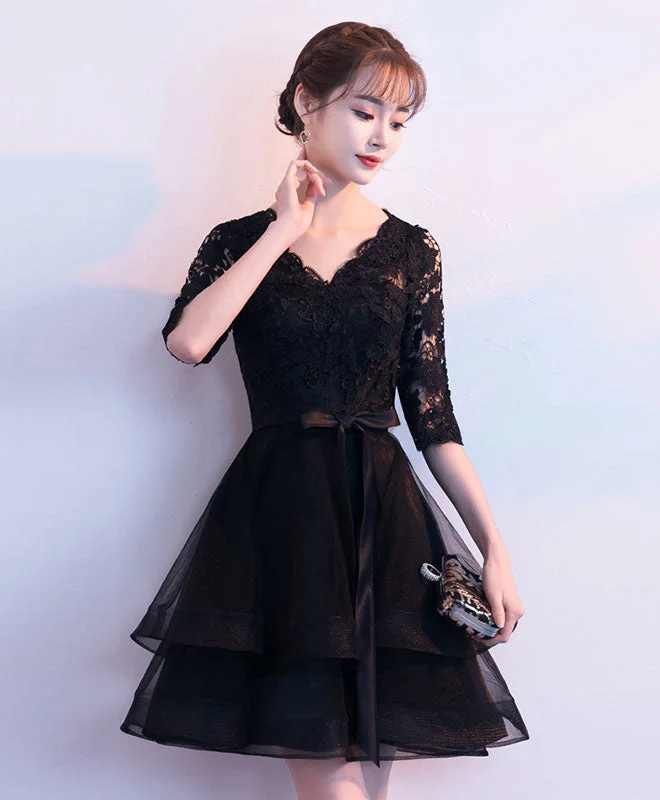 tulle prom dressesBlack V Neck Lace Tulle Short Prom Dress, Black Homecoming Dress