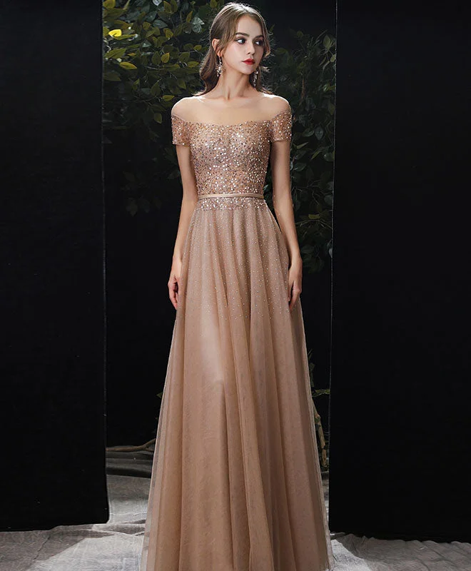 sweetheart neckline prom dressesGold Tulle Sequin Long Prom Dress, Champagne Tulle Formal Graduation Dress