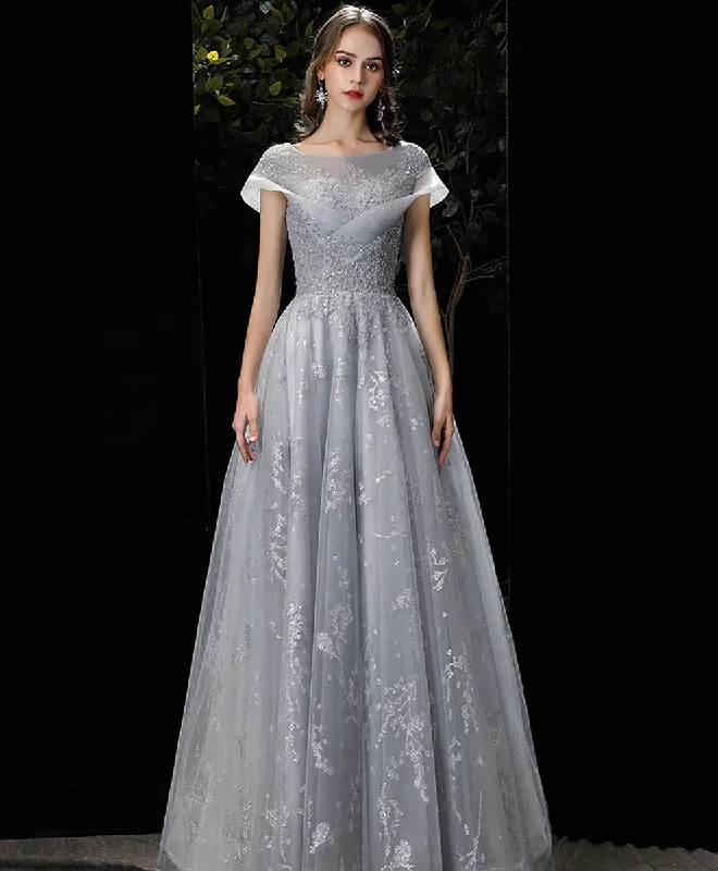 prom dress style guidesGray Round Neck Tulle Lace Long Prom Dress Gray Tulle Formal Dress