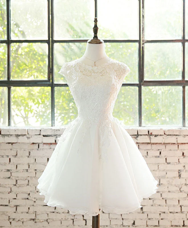 short prom dressesWhite Lace Tulle Short Prom Dress, Homecoming Dress