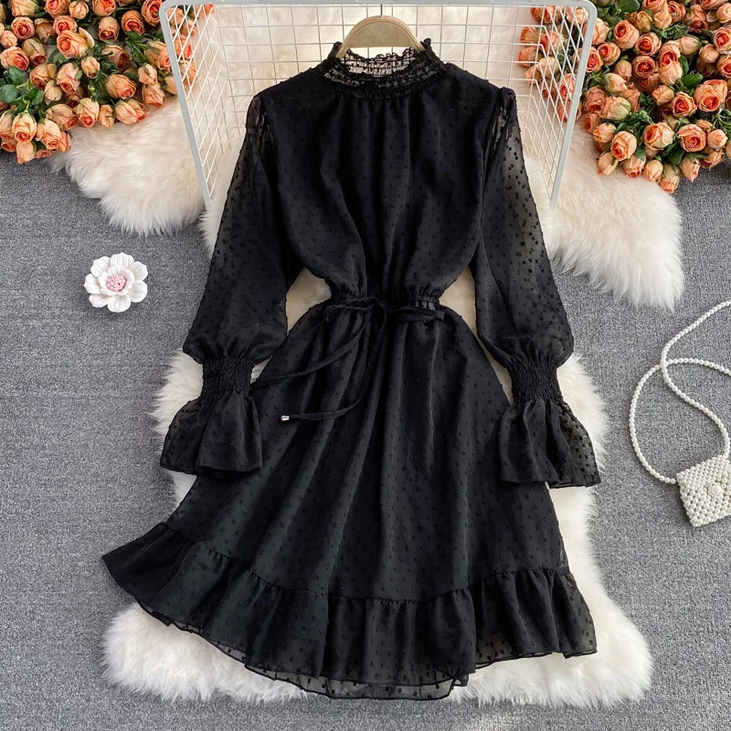 Flowery Long Sleeves DressCute A Line Long Sleeve Dress Black Dress  10833