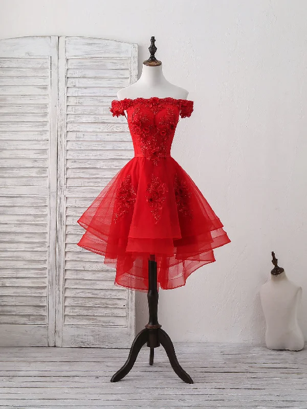 sleeveless prom dressesRed Tulle Lace Off Shoulder Short Prom Dress, Red Homecoming Dress