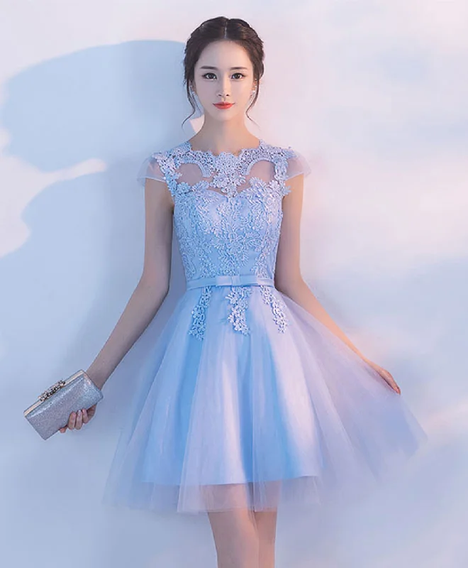 custom prom dressesLight Blue A Line Tulle Lace Short Prom Dress, Homecoming Dress