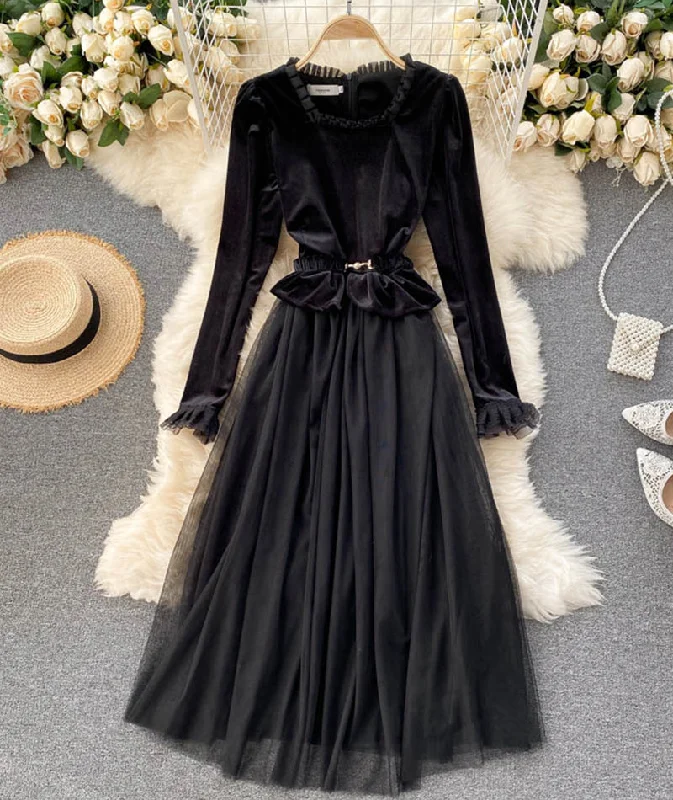 Formal Long Sleeves Evening DressRetro A line velvet dress long sleeve dress  959