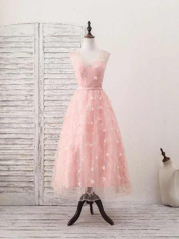 custom prom dressesPink Tulle Lace Tea Length Prom Dress, Pink Homecoming Dress