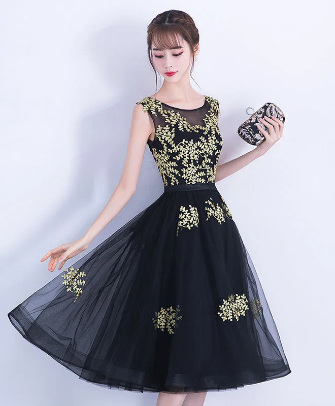 prom dresses with sequin detailingBlack Tulle Lace Short Prom Dress, Black Homecoming Dress