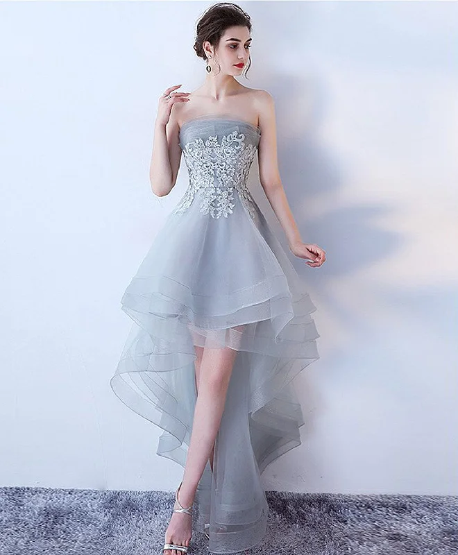 budget-friendly prom dressesGray Tulle Lace High Low Prom Dress, Cute Homecoming Dress