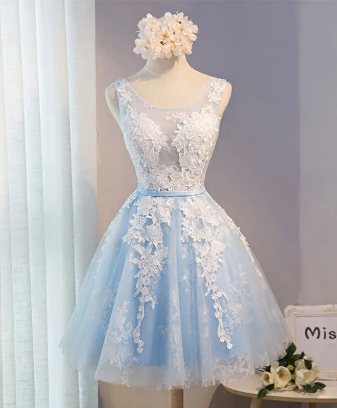 halter neck prom dressesBlue V Neck Tulle Short Prom Dress, Blue Homecoming Dresses