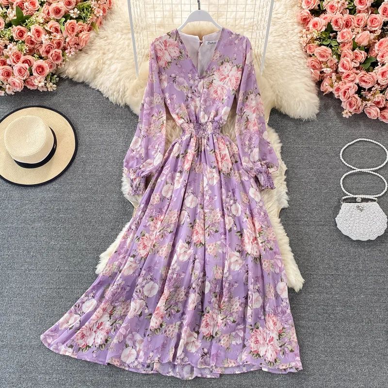 Flirty Fit Long Sleeves DressLong sleeve Vintage V-neck Floral Chiffon Dress  3322