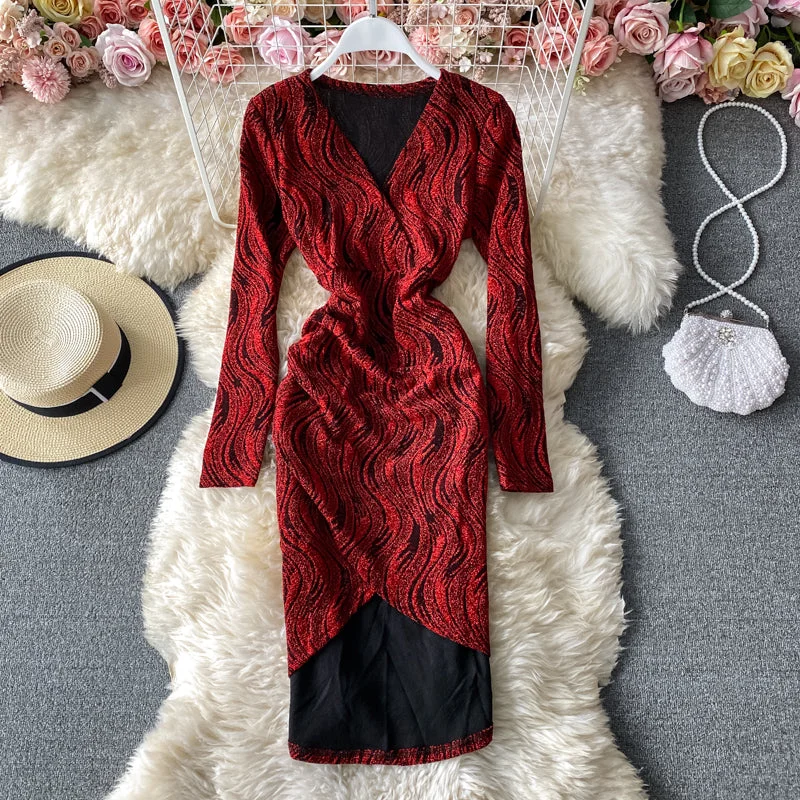 Fitted Lace Long Sleeves DressV-Neck long sleeve dress slim bottomed Hip Wrap Skirt  3151