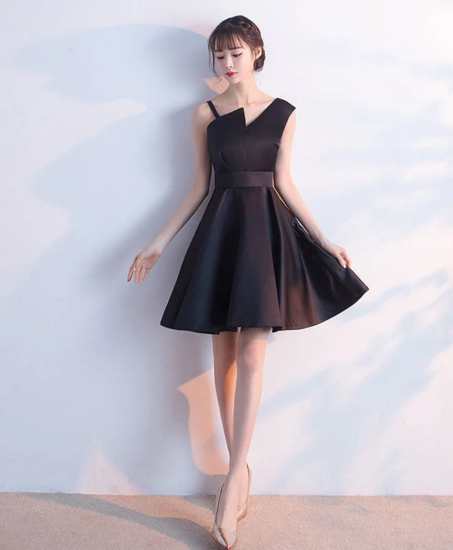 modern prom dressesSimple Black Satin Short Prom Dress, Homecoming Dress