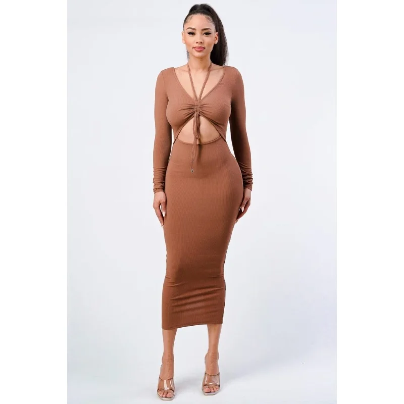 Flowing Long Sleeves DressTrendy Front Shirring Cut-out Long Sleeved Dress