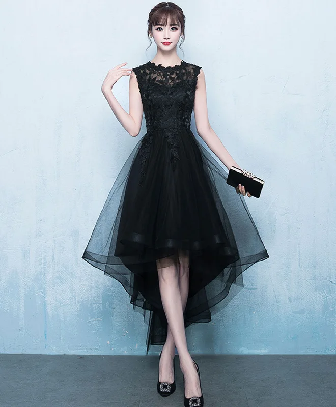 prom dress try-on ideasBlack A-Line Tulle High Low Prom Dress, Black Homecoming Dresses