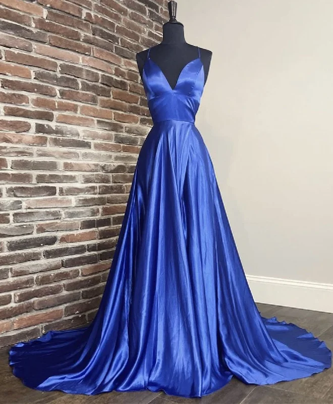 animal print prom dressesSimple V Neck Blue Satin Long Prom Dress Blue Formal Dress