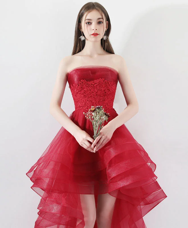 prom dresses with floral embroideryBurgundy Tulle Lace High Low Prom Dresses, Burgundy Tulle Homecoming Dress