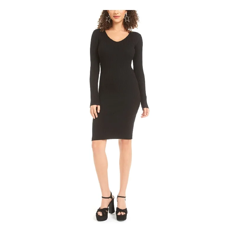 Fashionable Long Sleeves Cocktail DressPLANET GOLD Women's Long Sleeve V Neck Knee Length Body Con Dress Black Size XXS