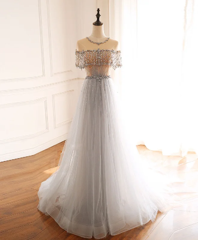 prom dresses for tall girlsGray Round Neck Tulle Beads Long Prom Dress Forma Graduation Dresses