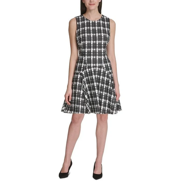 Sleeveless Dress GraduationTommy Hilfiger Women's Plaid Sleeveless Jewel Neck Knee Length Fit Flare Dress White Size 18