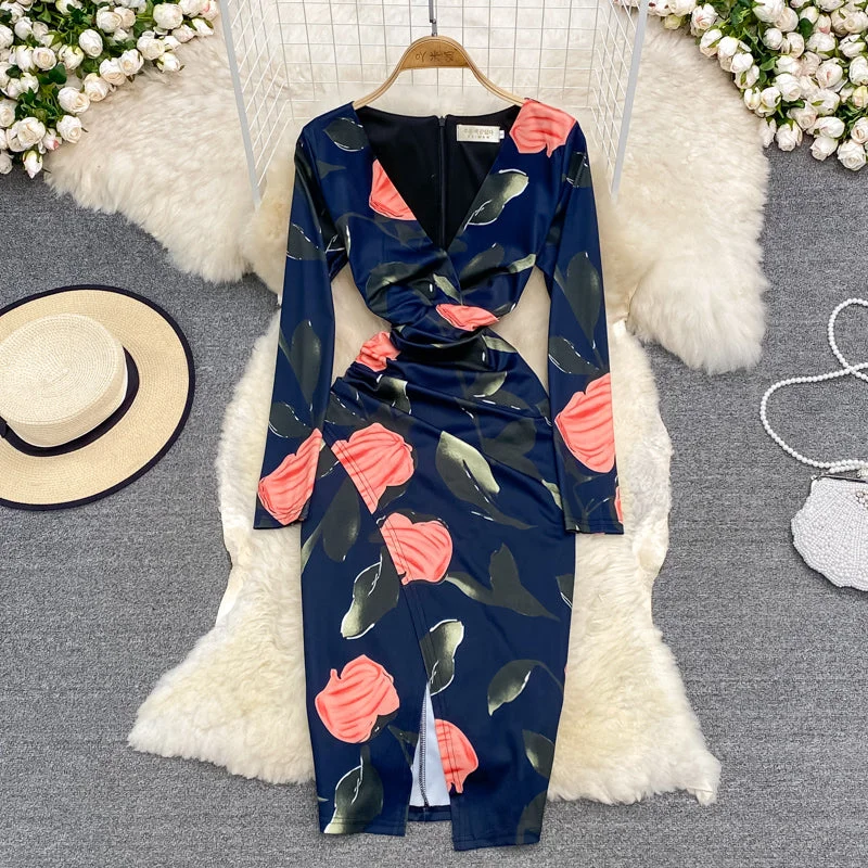 Flowery Print Long Sleeves DressSexy waist closing V-neck open hip wrap dress long sleeve  3787