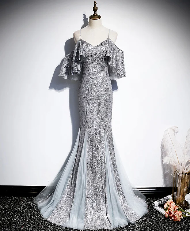 geometric print prom dressesGray V Neck Sequin Mermaid Long Prom Dress Gray Formal Dress