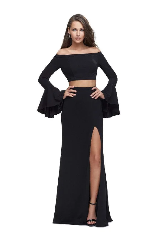 Formal Dress for Golf TournamentsLa Femme - 25261 Flounce Sleeve Off Shoulder Two-Piece Jersey Gown