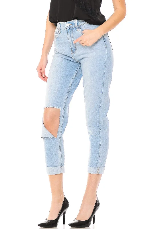 women's denim jeans with distressed hemsSlashed Mom Jeans