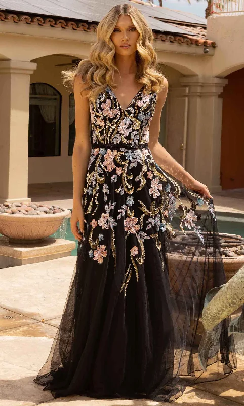 Formal Dress for Black-Tie Optional EventsPrimavera Couture 3929 - Floral Patterned Embellished Tulle Gown