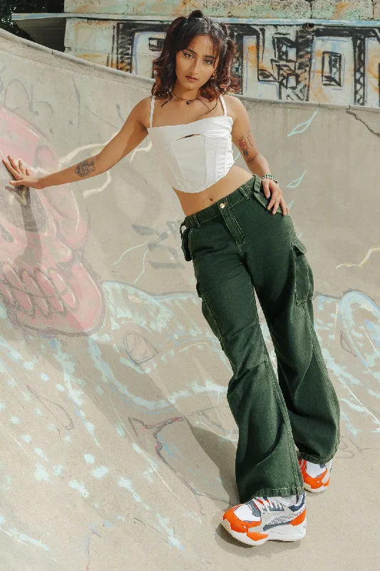 women's denim jeans with patchesContrast Stitch Green Cargo Pants