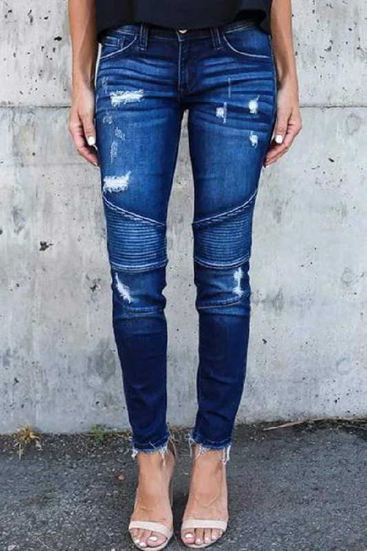 women's denim jeans with distressed thighsKittenAlarm - Regular Waist Solid Color Skinny Fit Hole Jeans