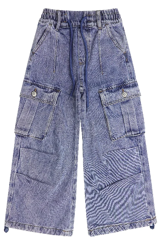 women's low-rise denim jeans6-Pocket Girls Wide-Leg Denim Pants, 5-14T Ribbed Waist with D-Ring Loops & String Cargo Jeans