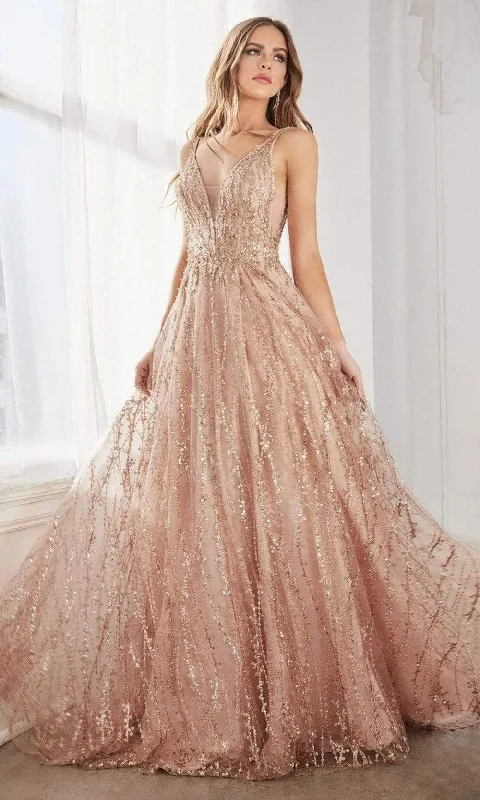 Formal Dress for Golden GlobesCinderella Divine - C32 Plunging Sequined Glitter Print A-Line Gown