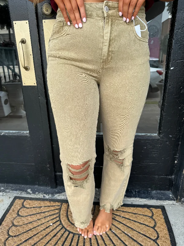 women's denim jeans with floral embroideryLight camel distressed crop jean