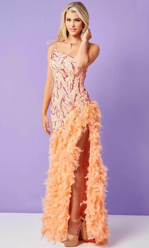 Formal Dress for Runway ShowsRachel Allan 70412 - Fuzzy Feathered Slit Sheath Gown