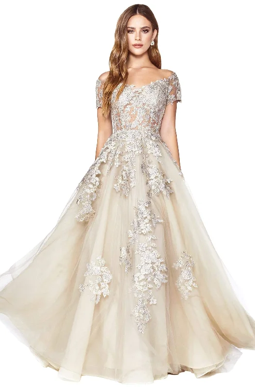 Formal Dress for Emmy AwardsCinderella Divine - C20 Jeweled Applique Illusion A-Line Gown