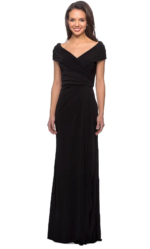 Formal Dress for Beach WeddingsLa Femme - 26519 Off Shoulder V Neck Long Sheath Jersey Gown