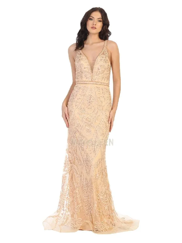 Formal Dress for Black-Tie Optional EventsMay Queen - MQ1758 Beaded Soutache Plunging V-Neck Gown